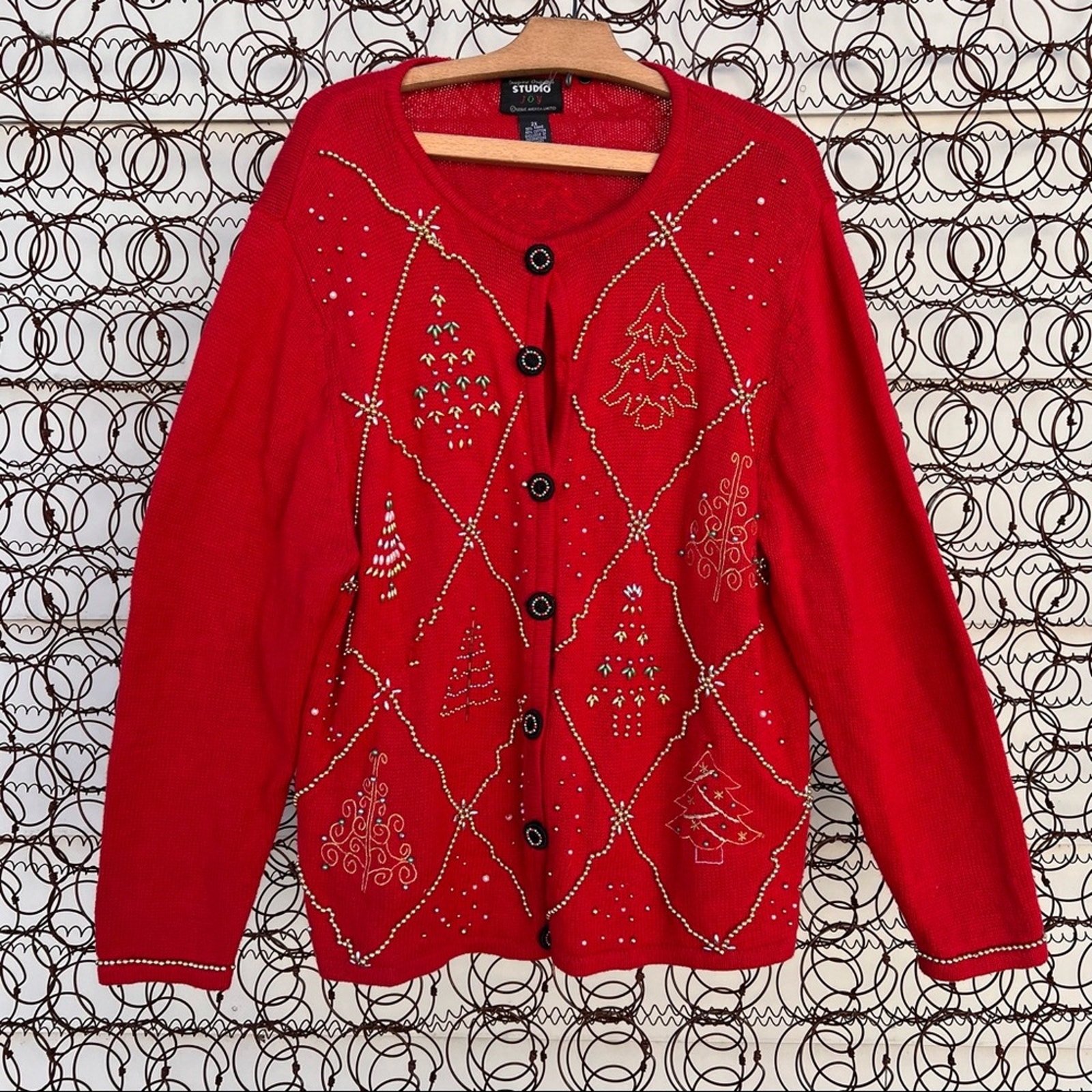 Vintage 90s Studio Joy red button down Ugly Christmas cardigan beaded trees