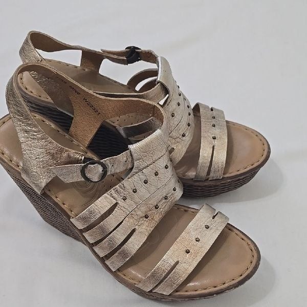 Born Silver Wedge Sandals with Open Toe and Adjustable Ankle Strap