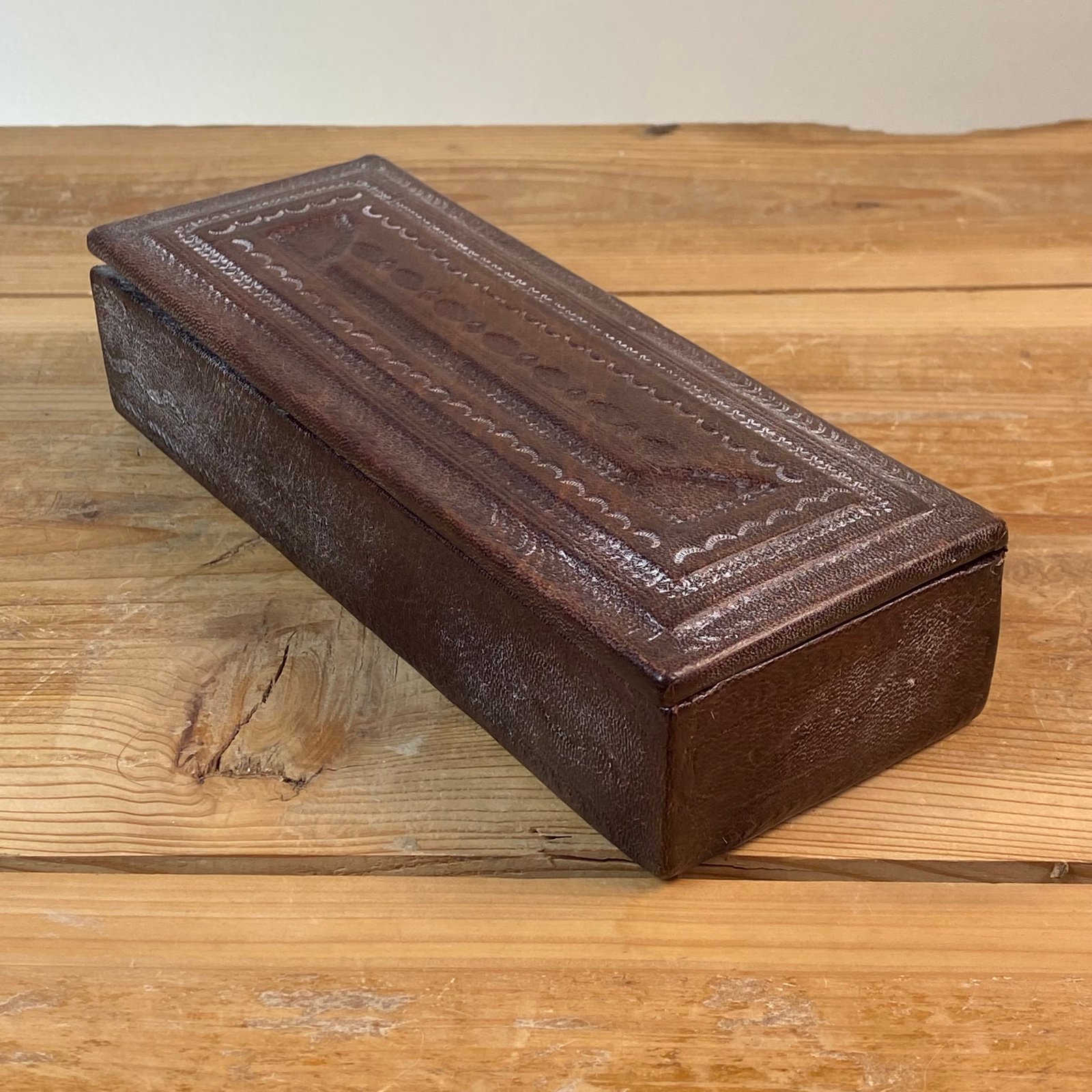 Vintage Senegal African Tuareg Brown Leather Hand Tooled Trinket Jewelry Box