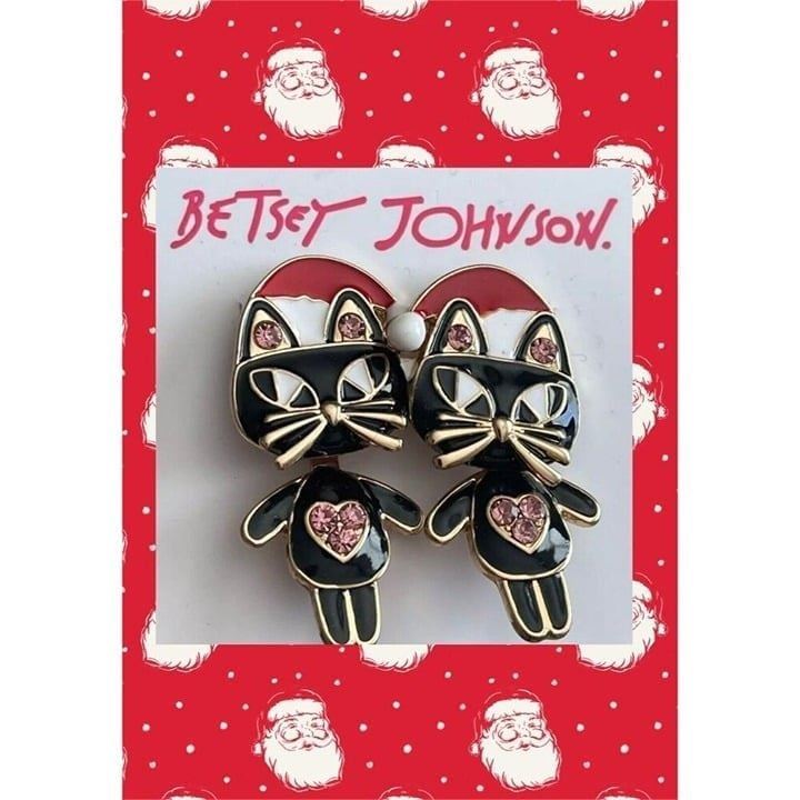 Betsey Johnson Enamel Movable Parts Santa Hat Black Cats Crystal Detail Earrings