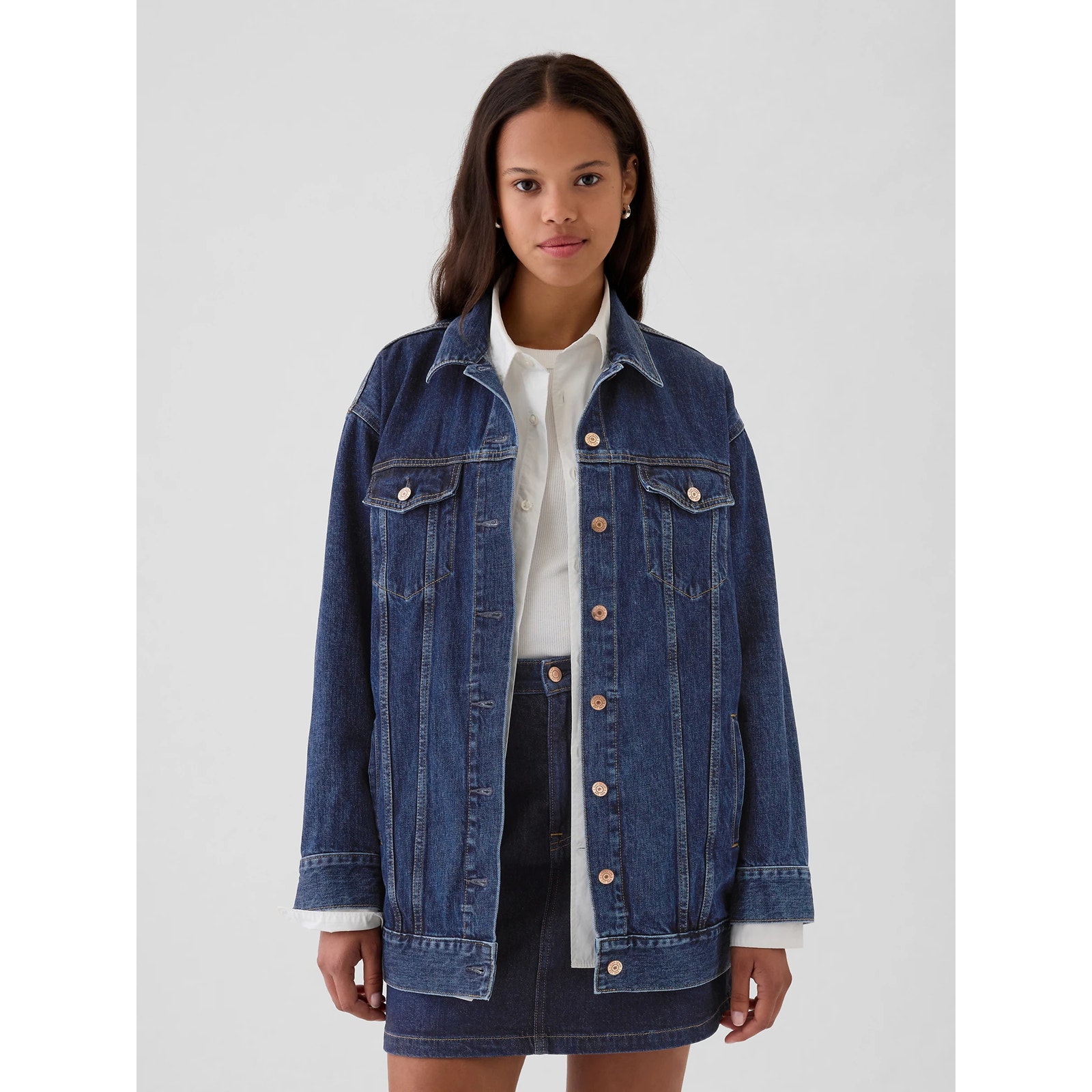 Gap Long Oversized Icon Long Sleeve Button Front Denim Jacket Blue S