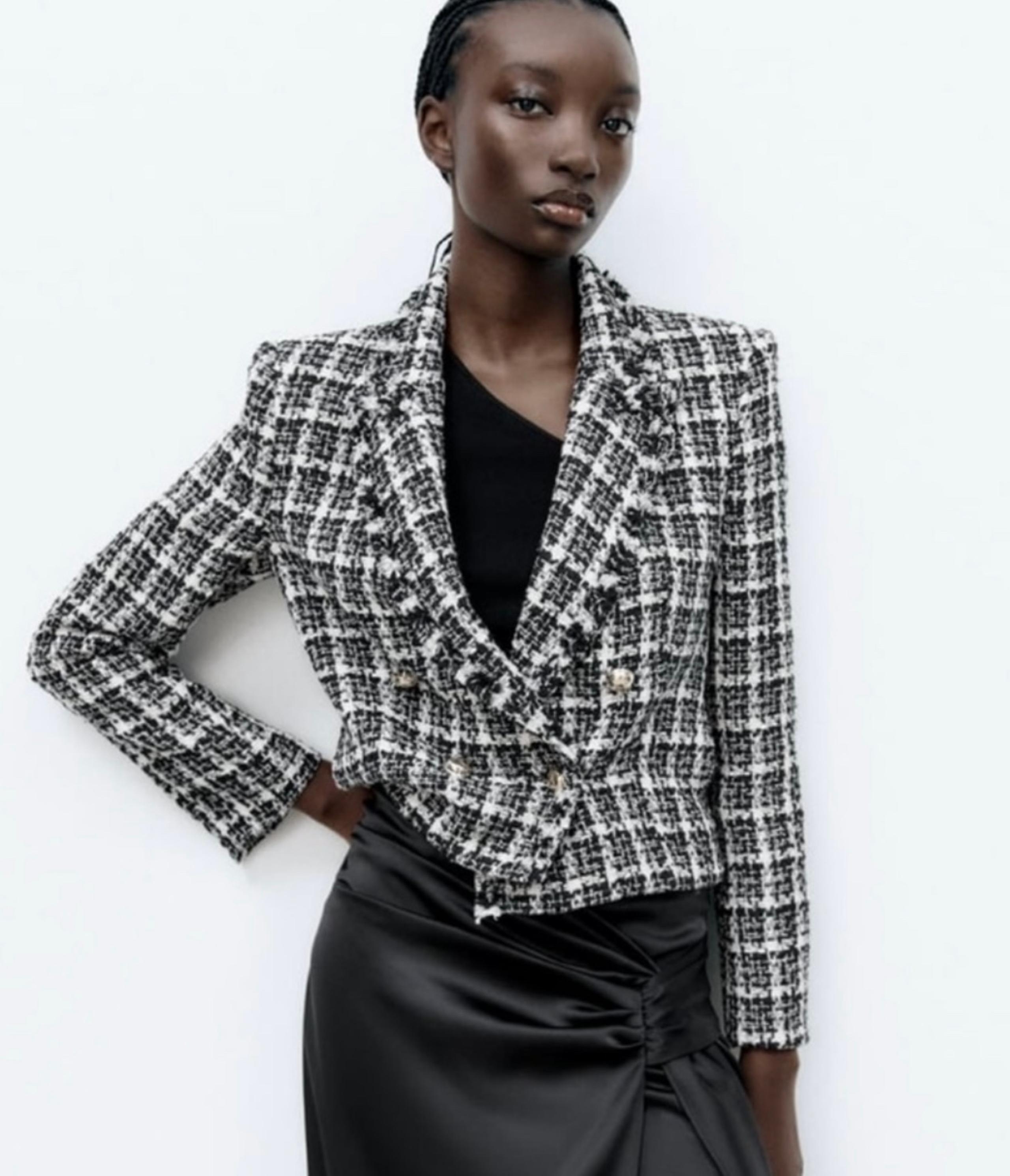 Zara Black and White Textured Houndstooth Blazer