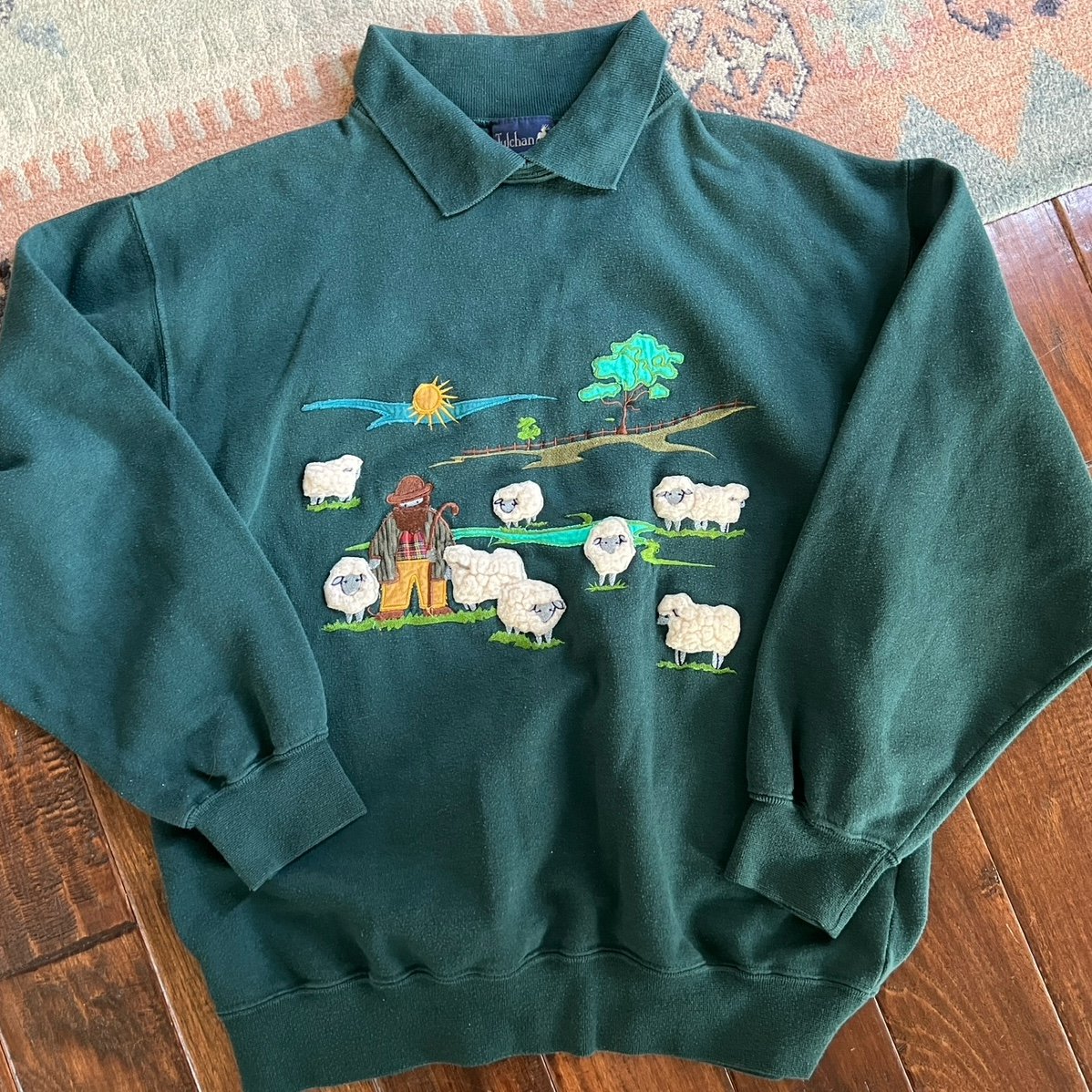 Tulchan Vintage Green Scottish Shepherd Collared Sweatshirt Sheep Embroidery M