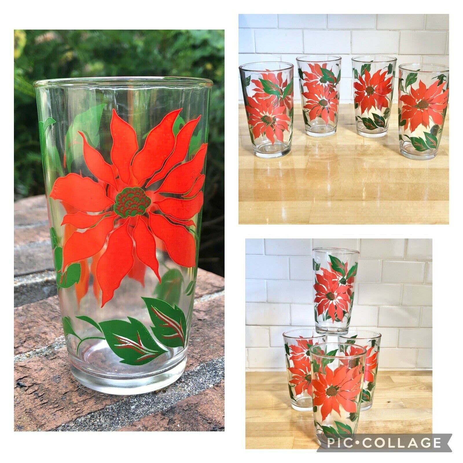 Vintage MCM Hazel Atlas Poinsettia Holiday Drinking Glasses Red Green Set of 4