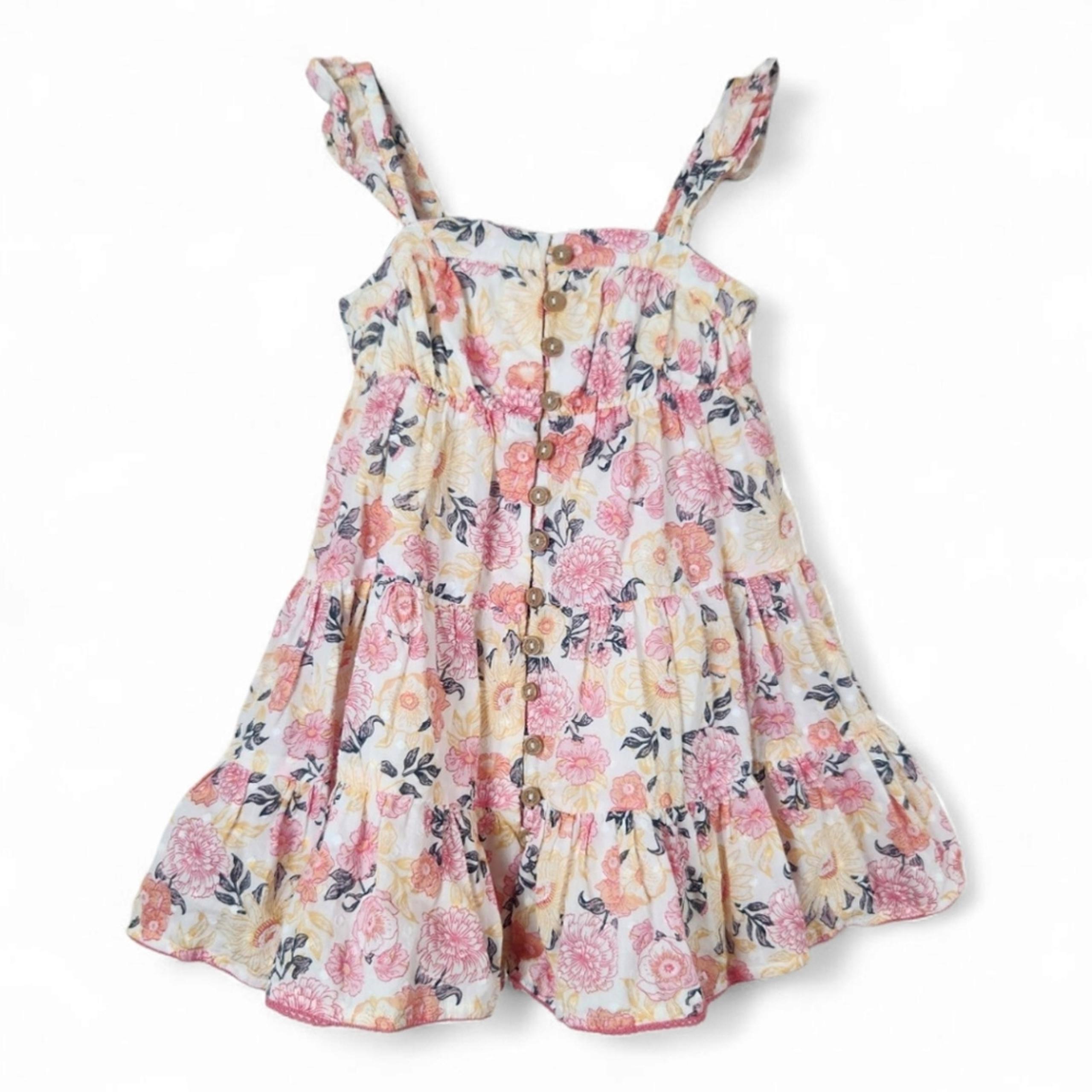 2T Cotton Floral Tiered Sun Dress Cottage Cream Pink Buttons Girls - Shabby Chic