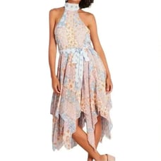 Floral Patchwork Halter Dress with High Neck and Handkerchief Hem UK Size 14
