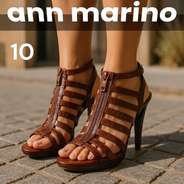 Women’s Ann Marino Brown Strappy 4 Inch Heel Zip Front Sexy! Sz 10m