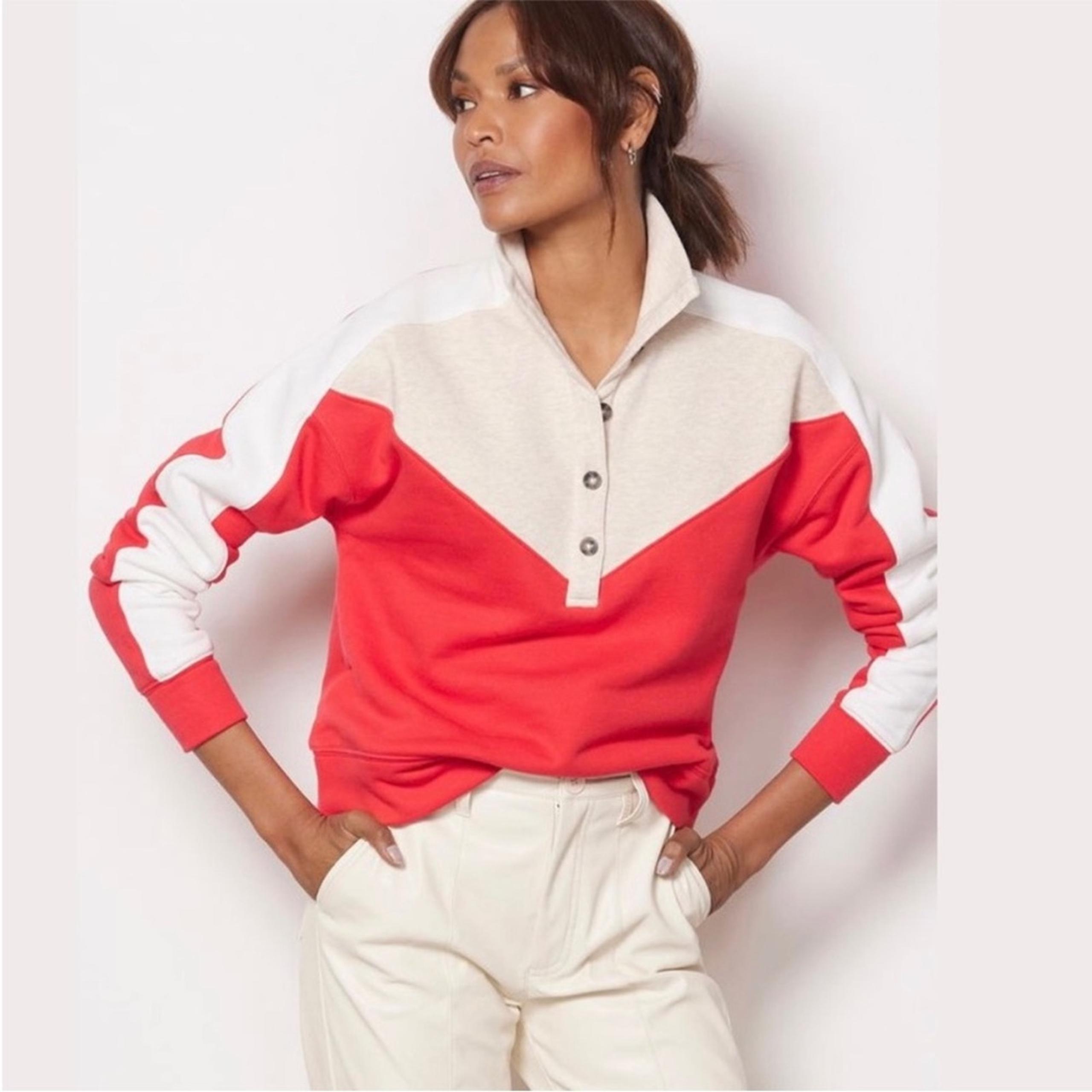 Evereve Mika Colorblock Pullover Button Front Collared Sweatshirt | Red/Oat | XS