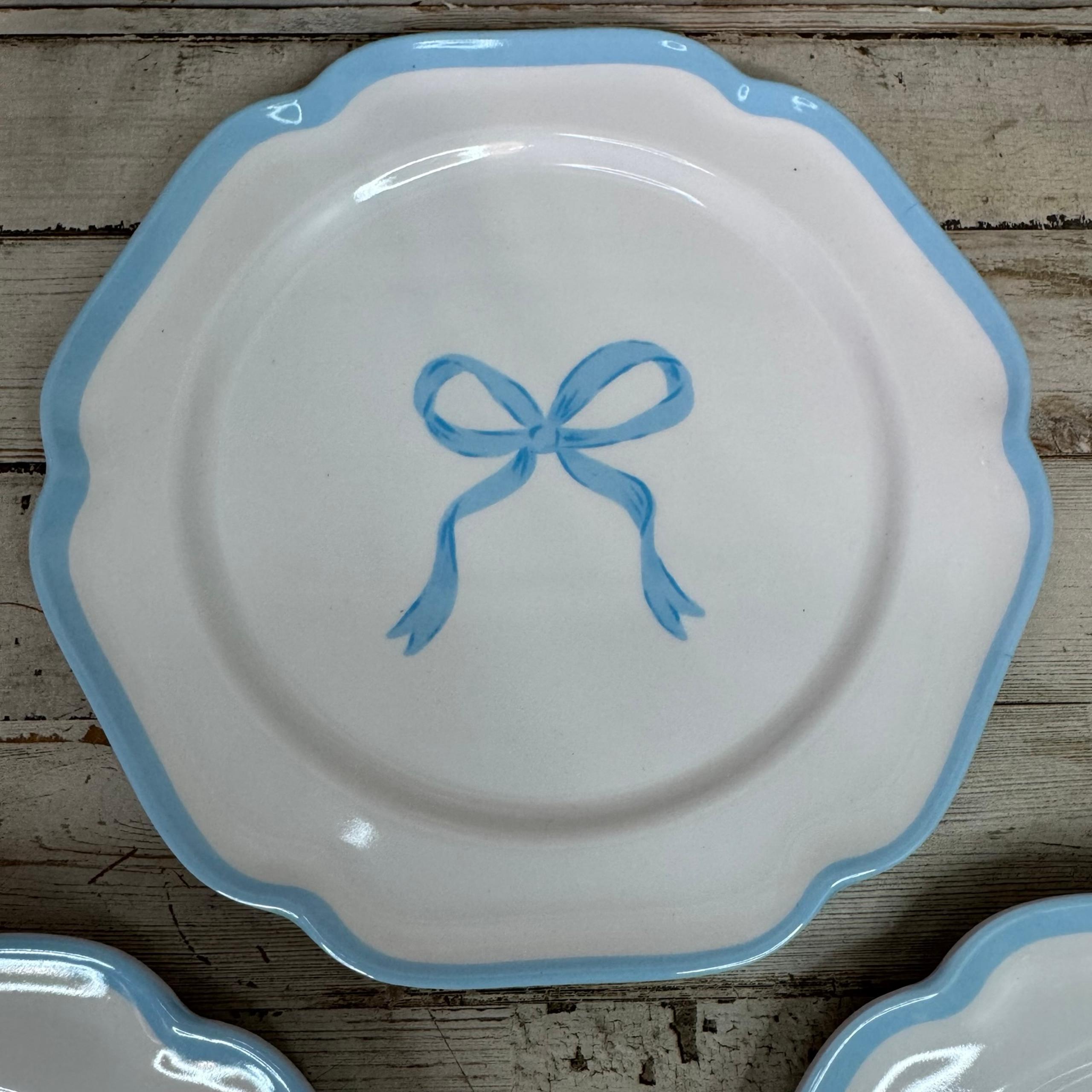 Shabby Chic Blue Bow Border Melamine Salad Plates 8.5in Set of 3 White