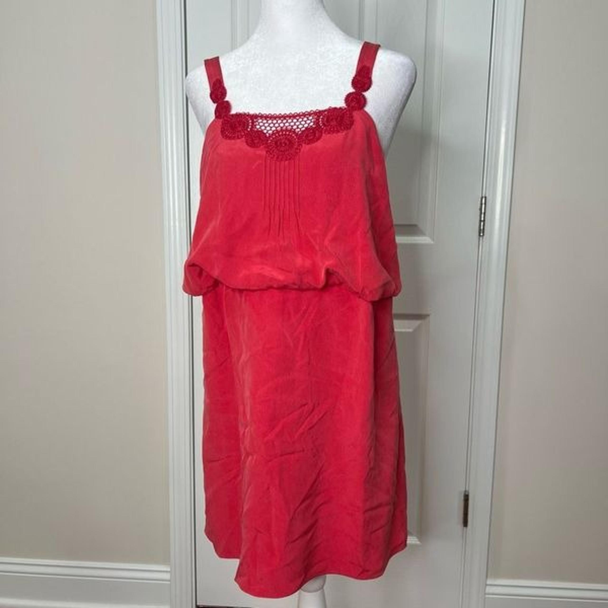 Tibi Silk Chiffon Crochet Trim Blouson Raspberry Red Dress