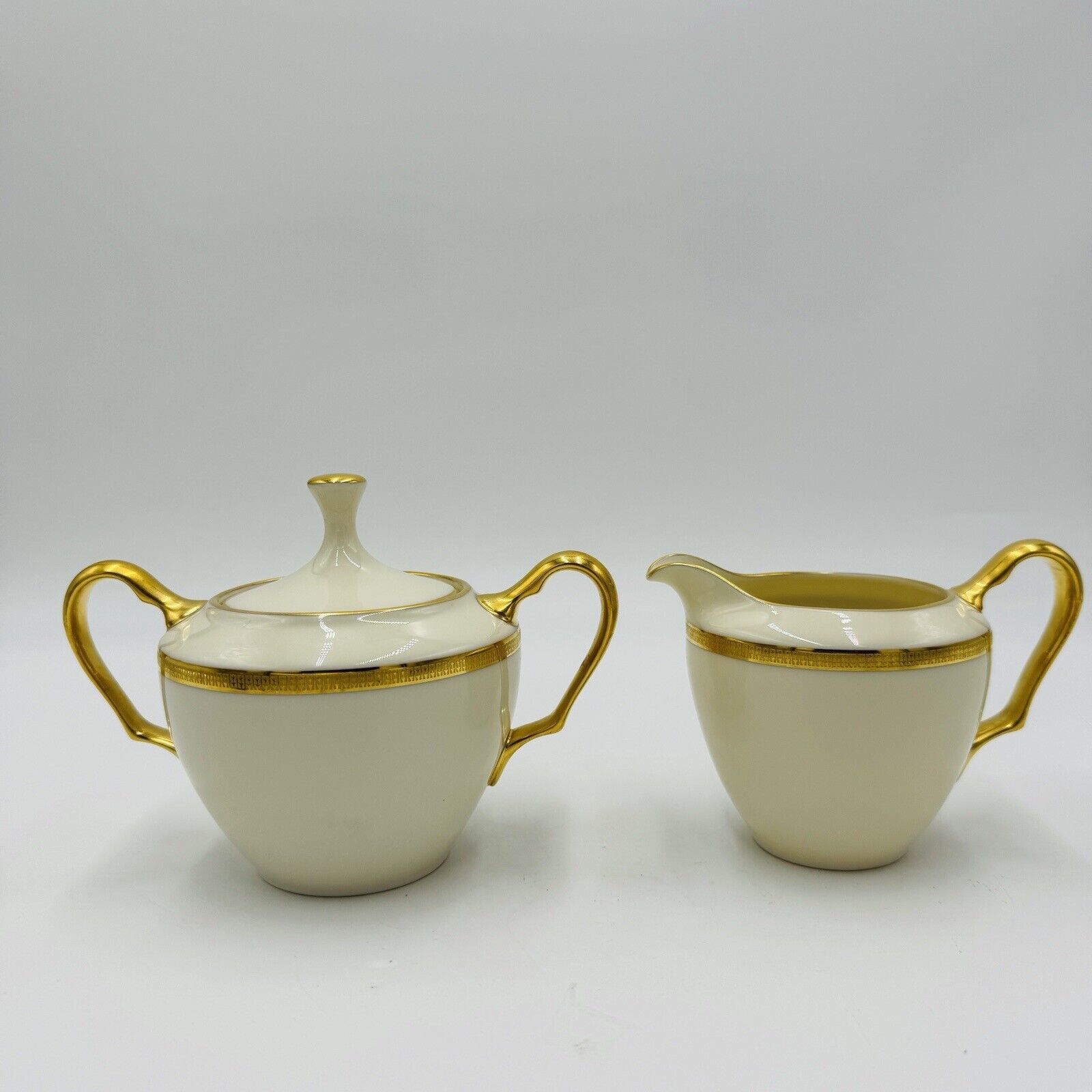 Lenox Tuxedo Gold J-33 Porcelain Creamer & Sugar Bowl Set USA Made