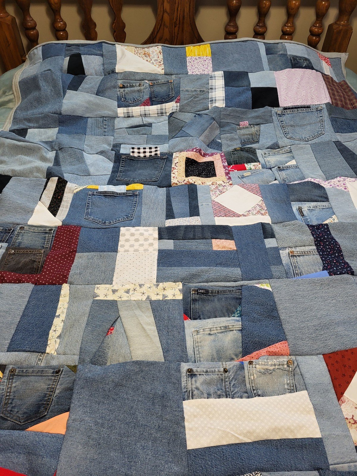 Upcycled blue jean and cotton material.