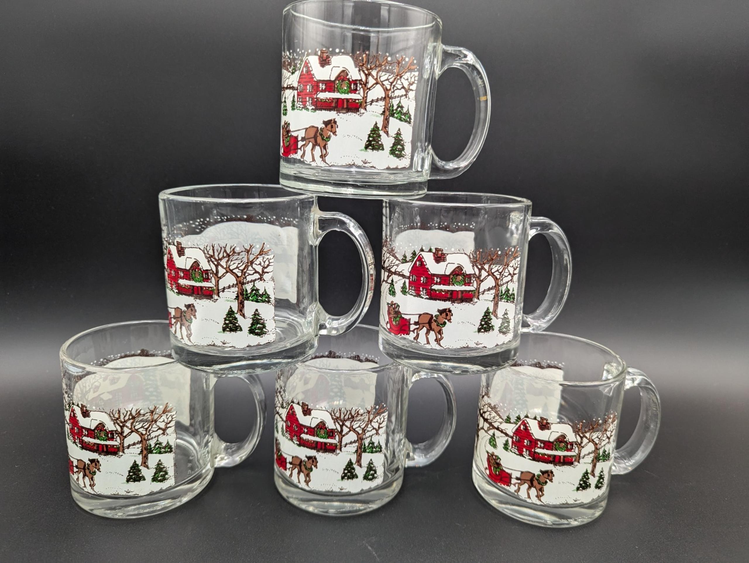 Libby's Christmas Winter Village Snow Scene Glass Mugs - Set Of 6 Vtg Christmas