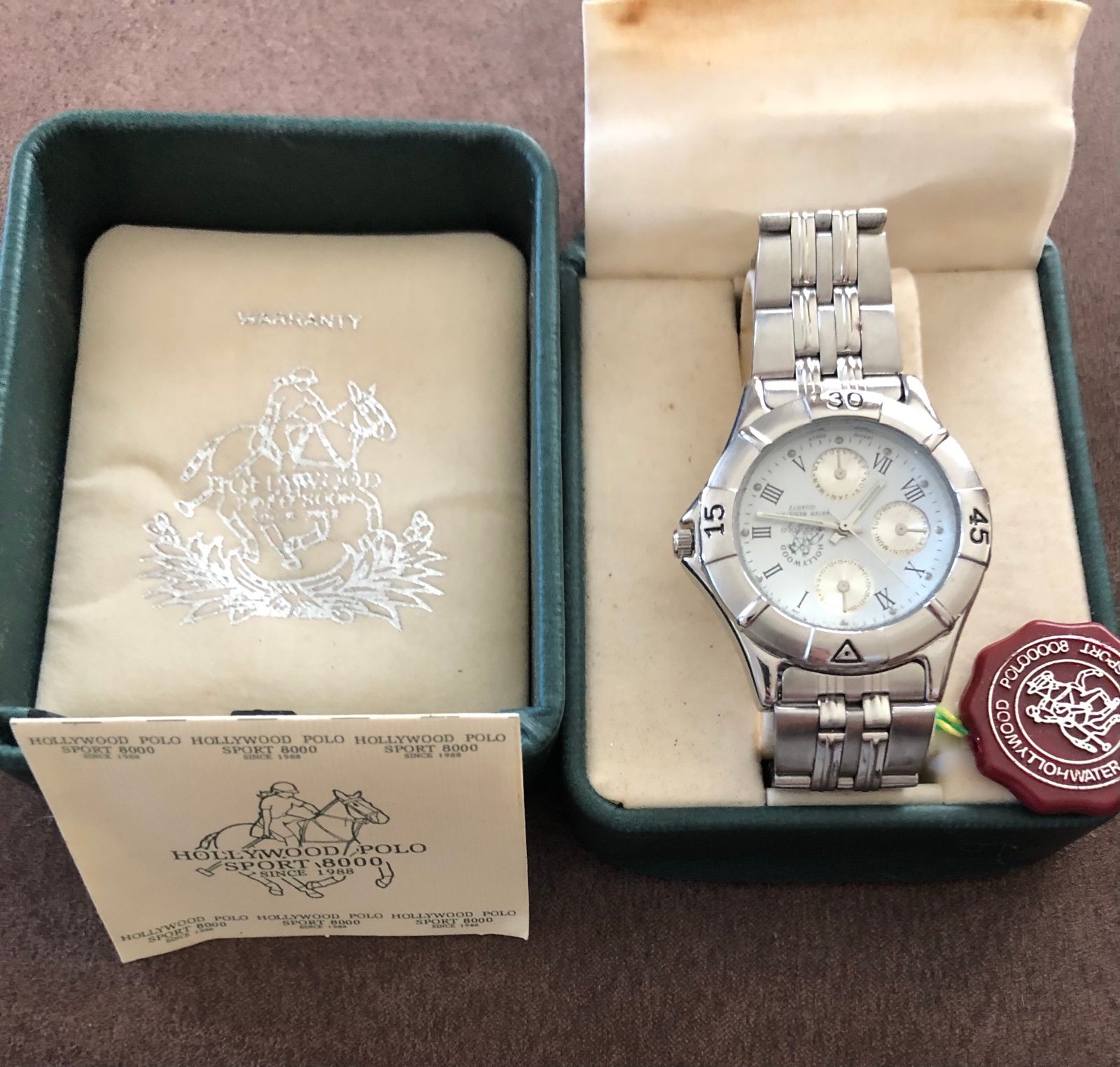 NOS Hollywood Polo 8000 Men’s Wristwatch-Needs New Battery Due To Sitting-Box In