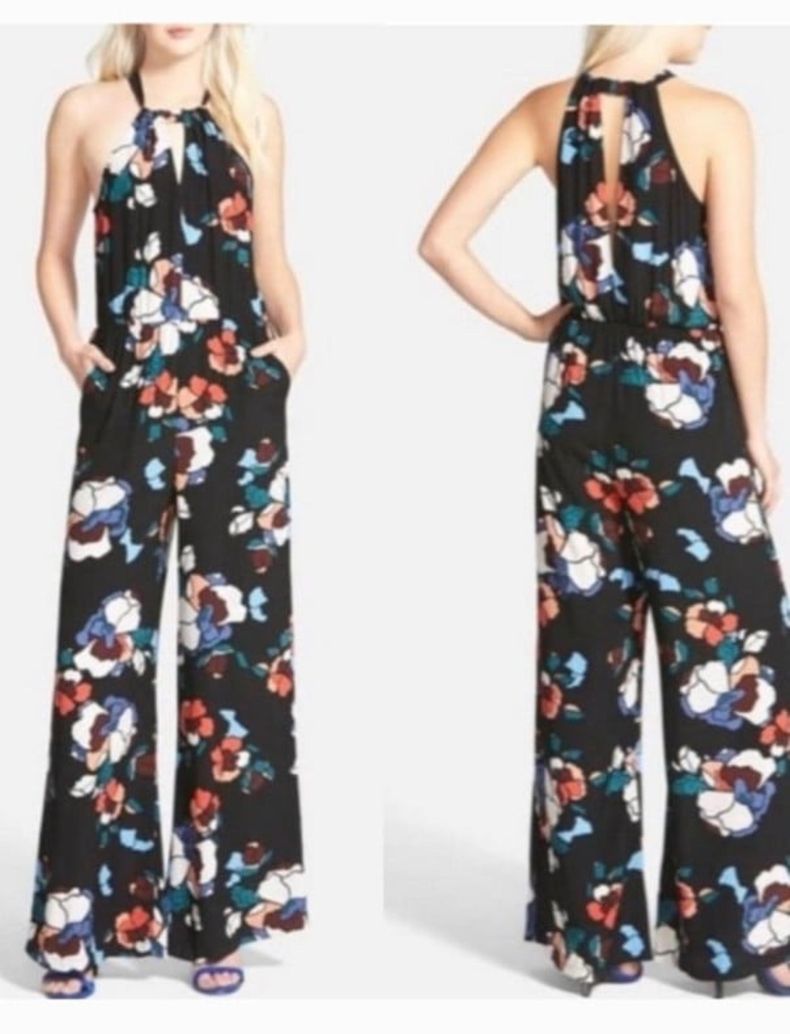 ASTR the Label Black Floral Jumpsuit  Sleeveless Halter Wide Leg romper xs
