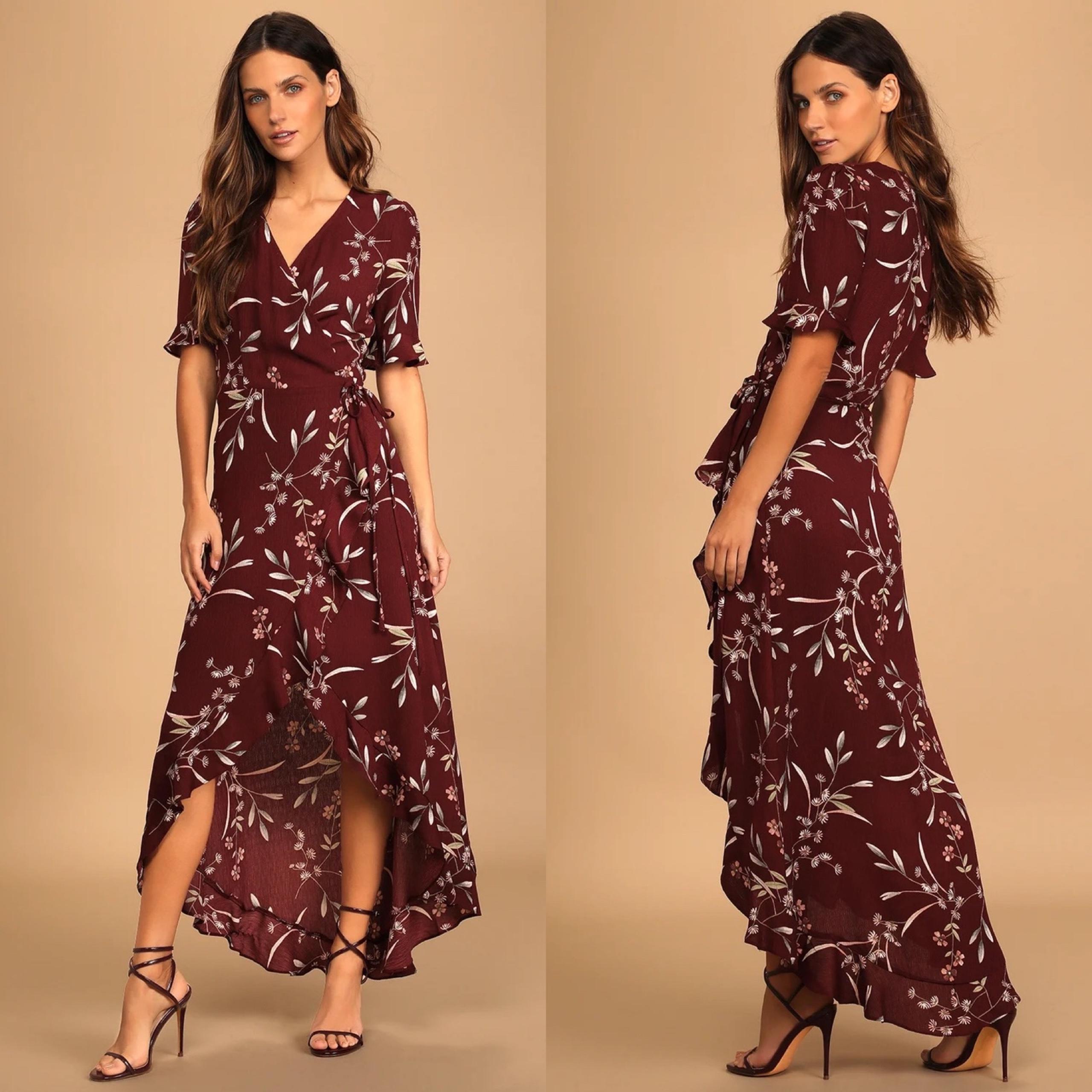 Lulus | Wild Winds Burgundy Floral Print High-Low Wrap Dress
