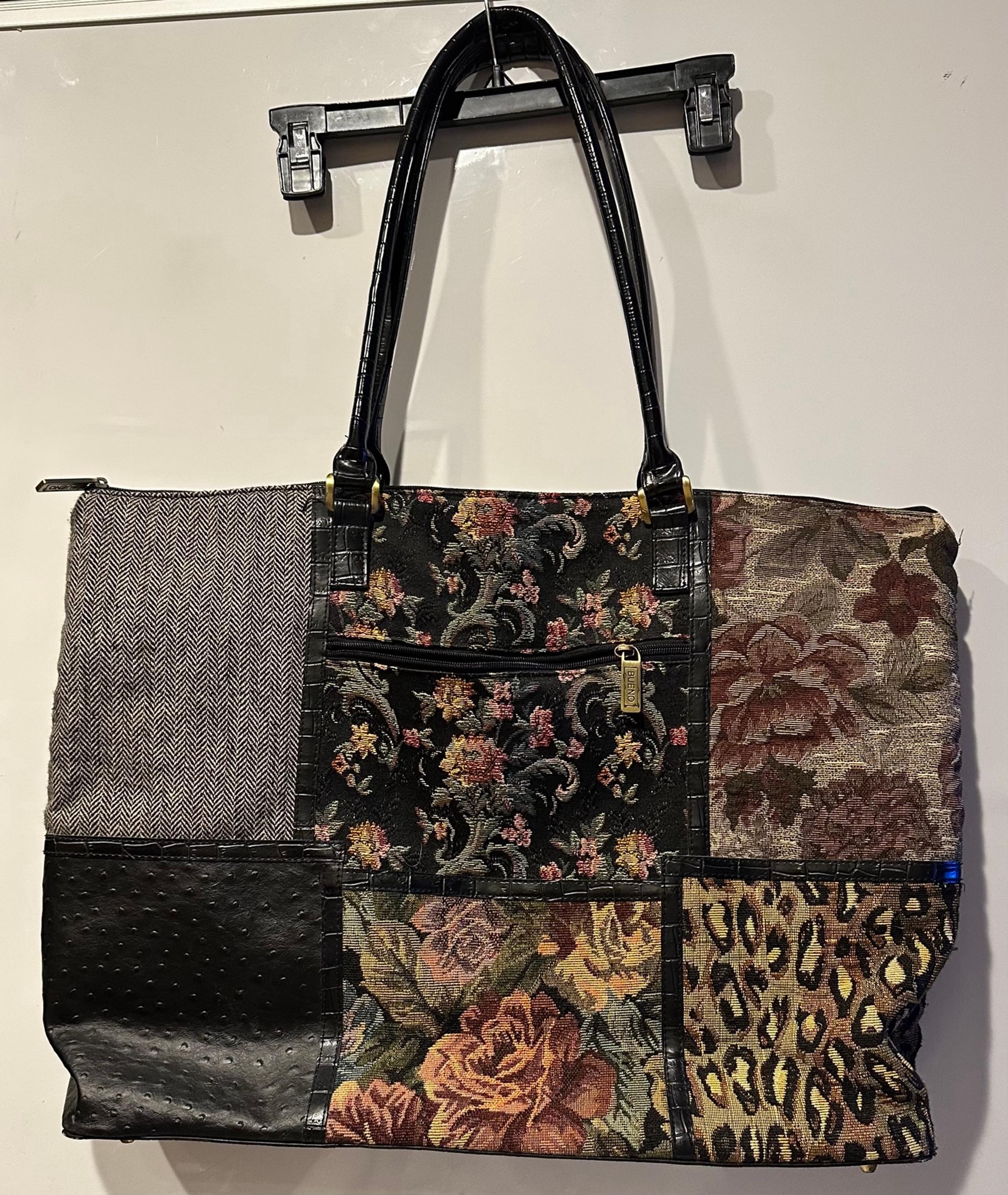 Bueno  88 Vintage Tapestry Carpet Bag Purse Brown Leather Floral Flower Handbag