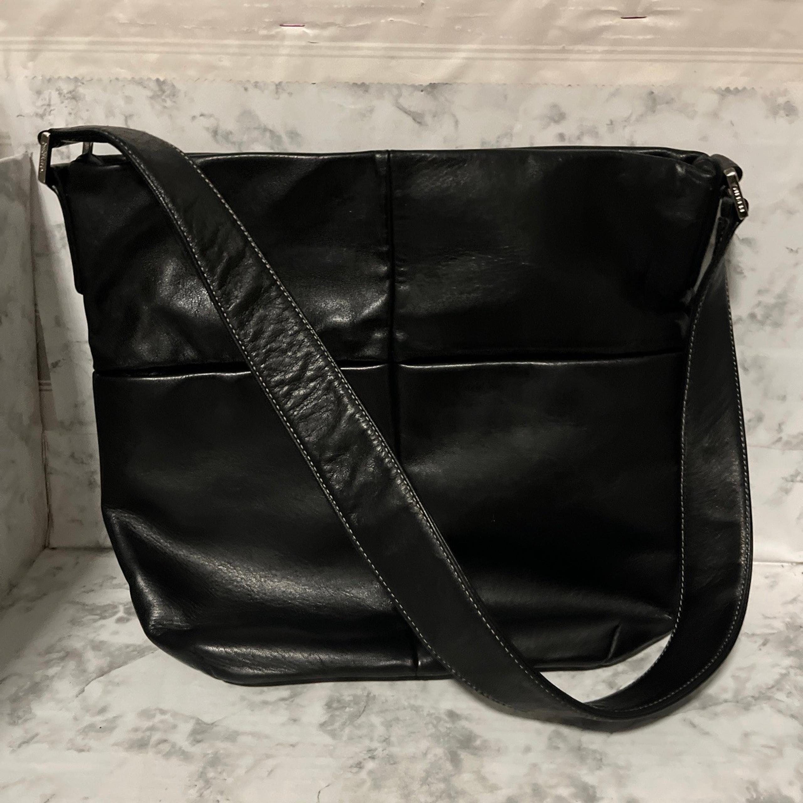 Perlina New York Womens Black Leather Purse Top Handle Satchel Tote Shoulder Bag