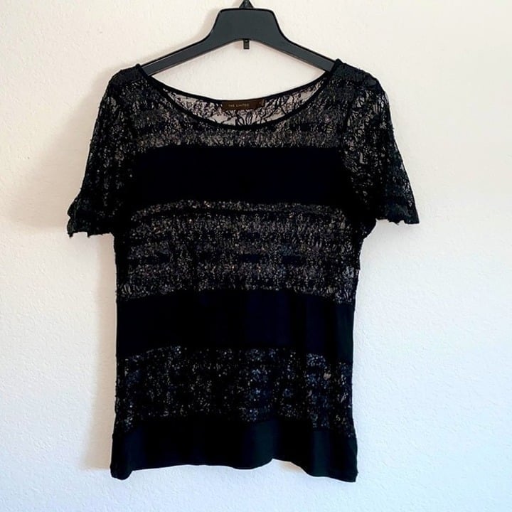 The Limited Black Lace Top with Sequin Sparkle Small