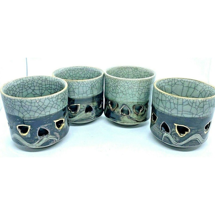 MCM Japanese Somayaki Green Glazed Crackleware Horse Four 3 Tea Cups
