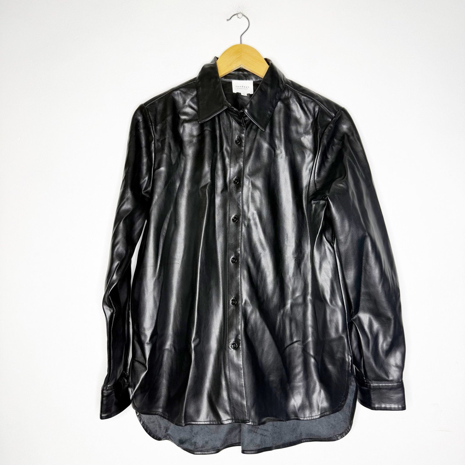 Sundays by WearSundays Black Faux Leather Button Up Women’s Shirt Size Medium