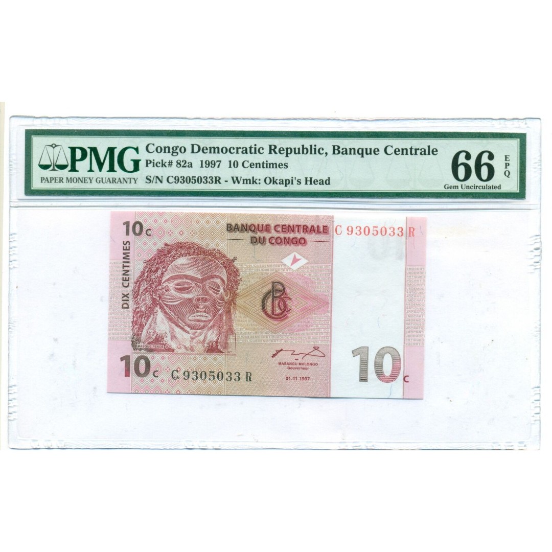 Congo Democratic Republic 1997 10 Centimes Bank Note Gem Unc 66 EPQ PMG