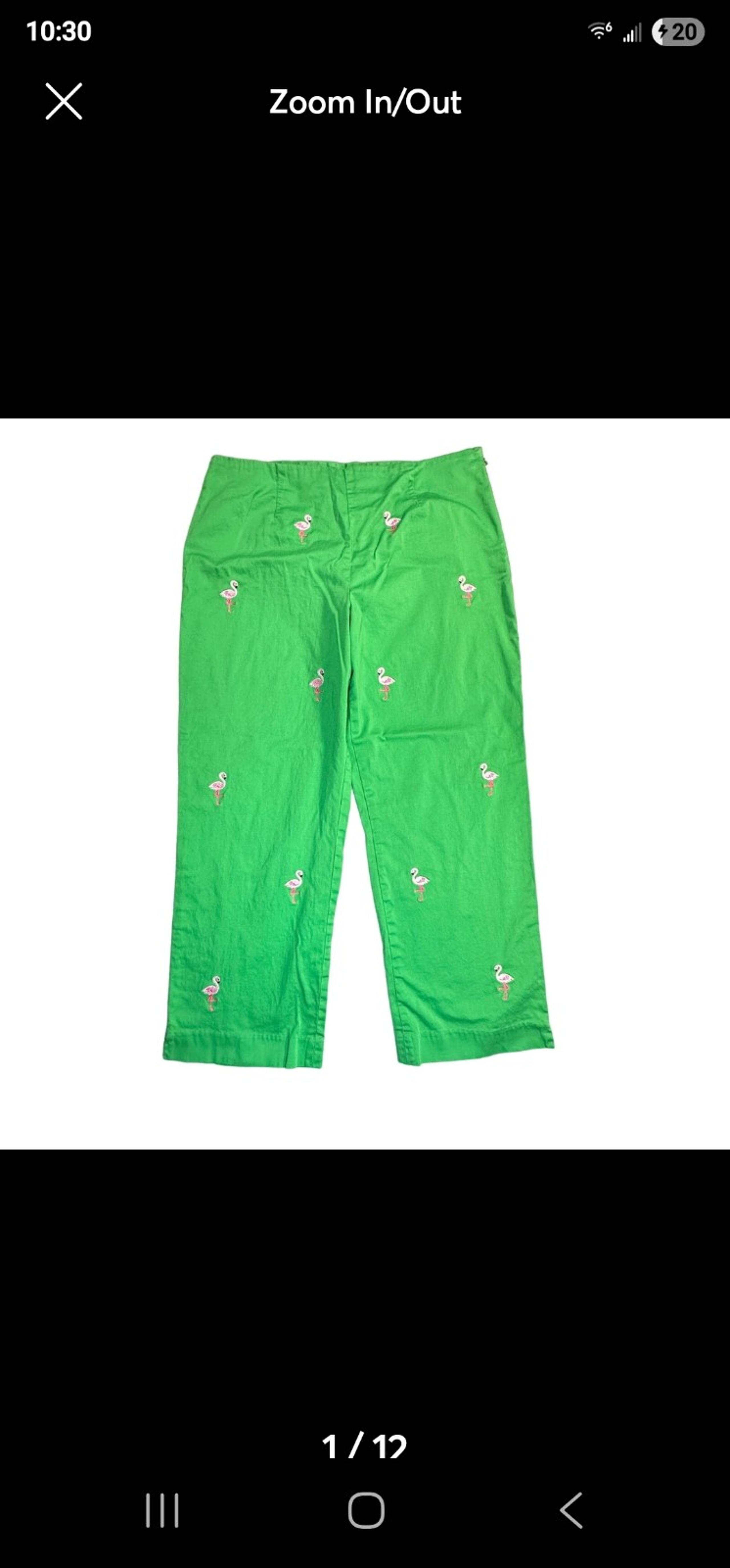 Soft Surroundings Women's Large Tall Green Pink Flamingo Embroidered Capri Pants