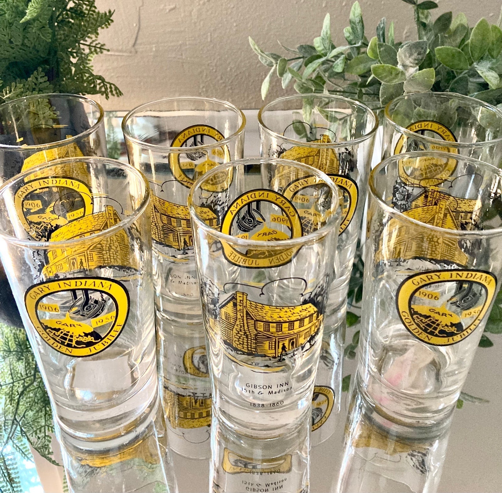 ~1906-1956 5” Gary, Indiana Golden Jubilee 5.5” Yellow Glass Tumbler Cups~