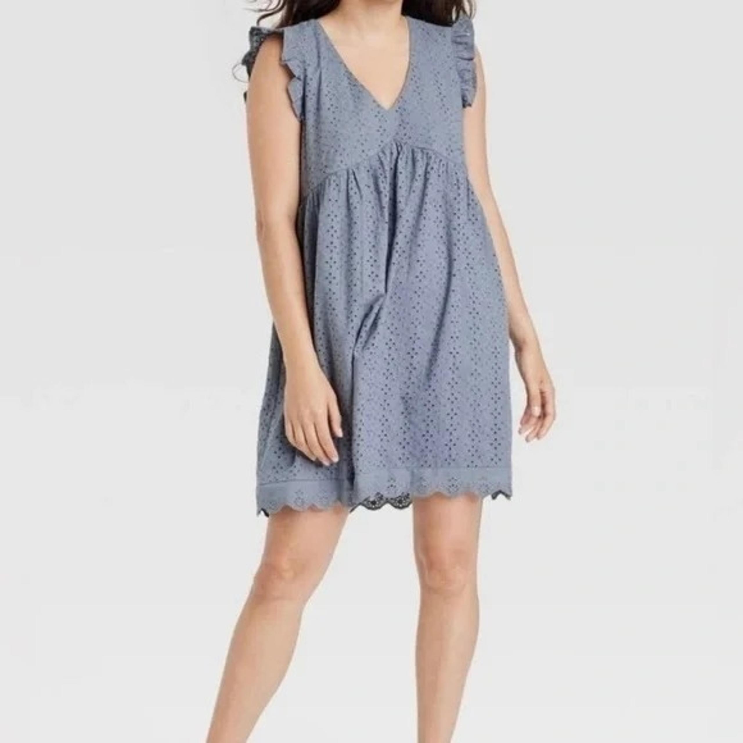 Knox Rose Shift Dress Small Eyelet Babydoll Empire Ruffle V-Neck A Line Boho Blu