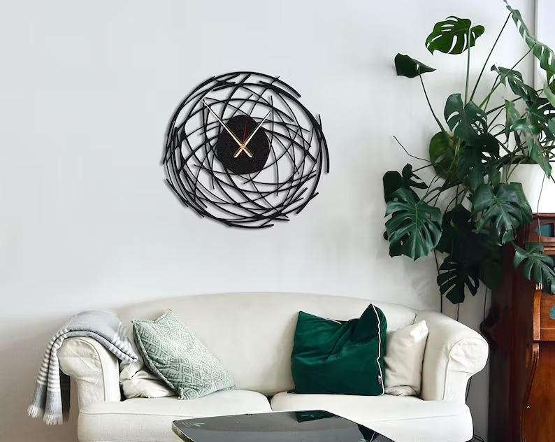 Spiral Metal Wall Clock, Large Wall Clock, Modern Silent Black Metal Wall Clock