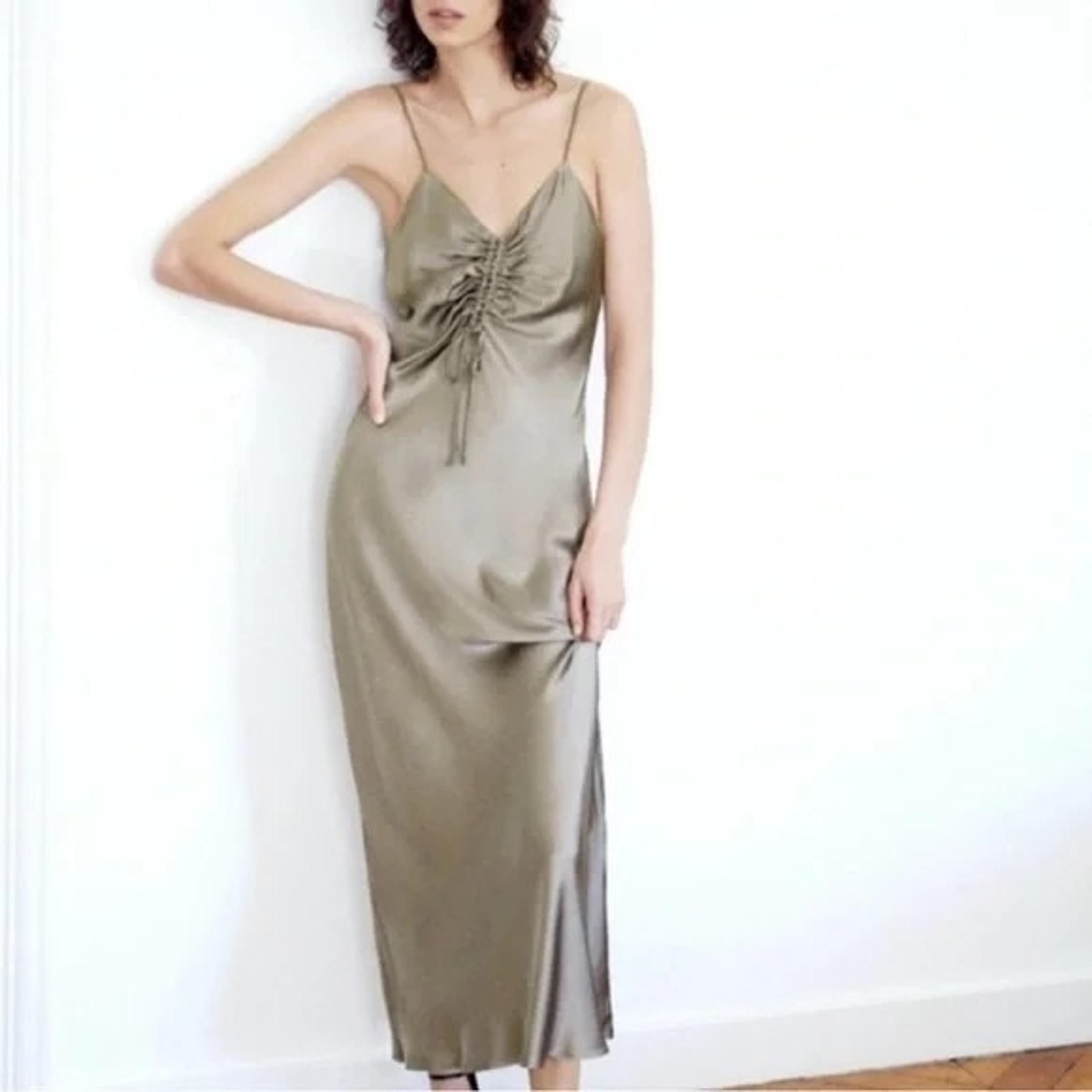 ZARA XS Slip Dress Metallic Silver Gold Midi Dress Ruched Spaghetti Strap Slit