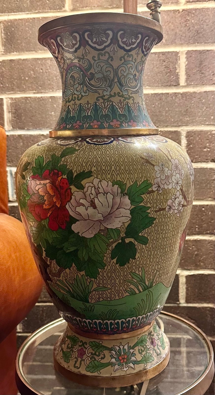 Large antique vtg cloisonné Vase Chinese blue yellow Flowers Floral