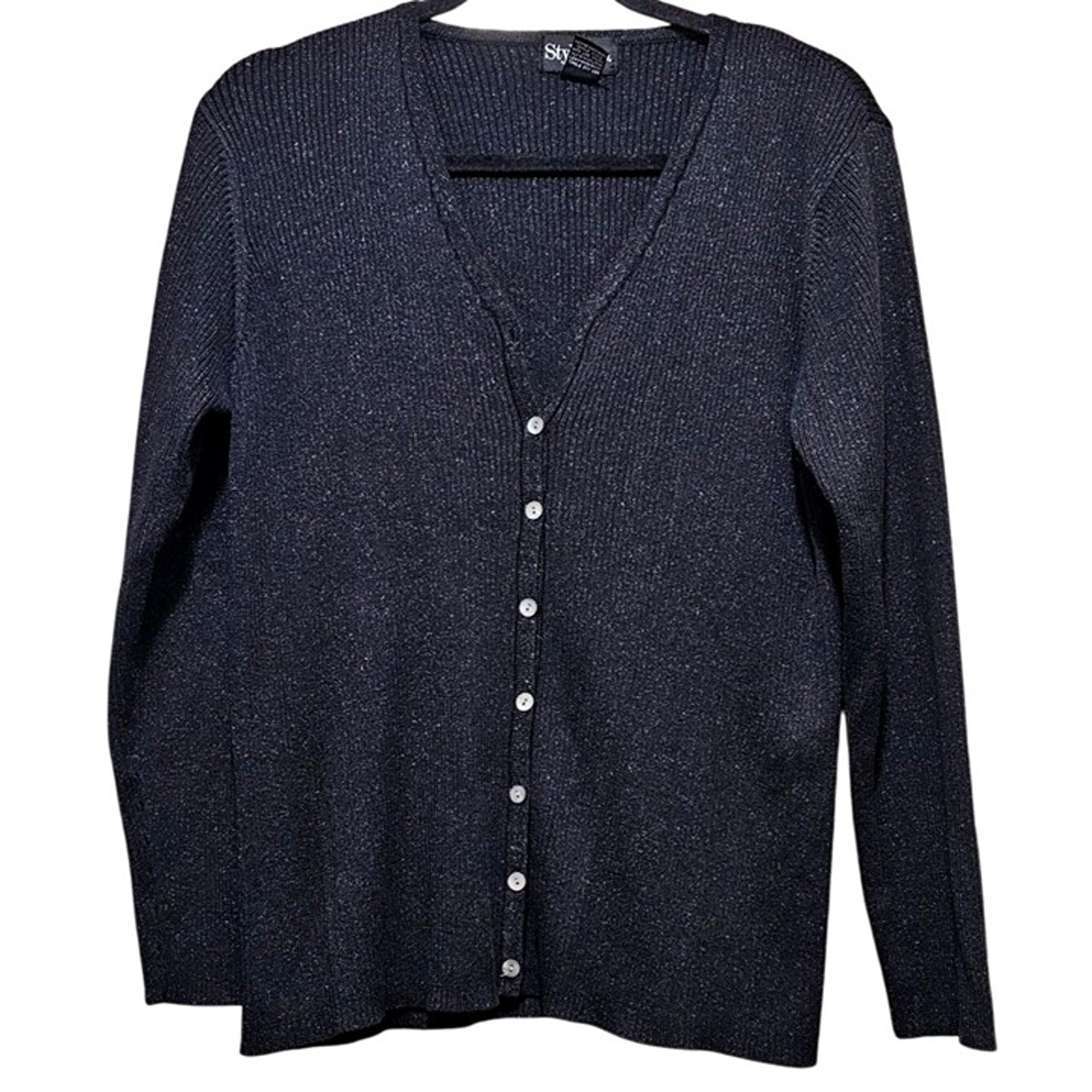 Style & Co Womens Black Metallic Ribbed Button-Up Cardigan Sweater XL Acrylic Bl