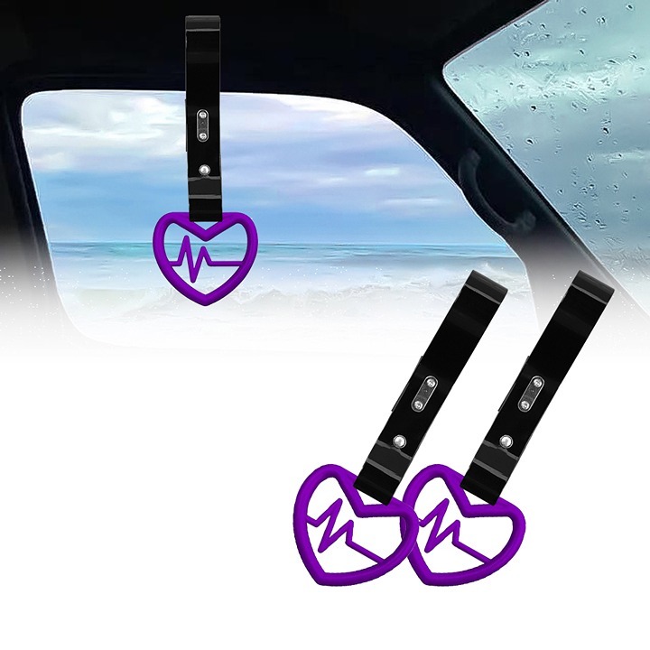 NEW 2PCS Heartbeats Shaped Purple JDM TSURIKAWA Handle Black Strap Charm Drift