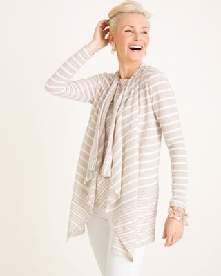 Chicos cream textured white stripe long sleeve drape front cardigan size 2 - NWT