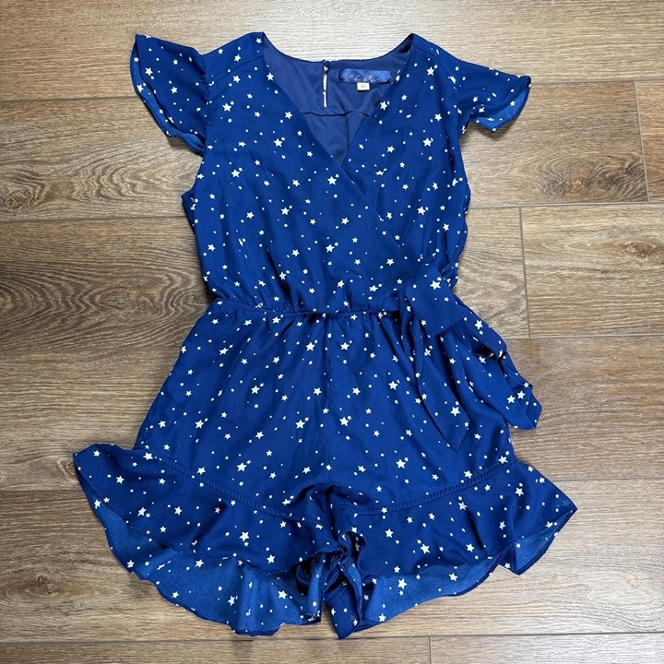 Francesca's Blue Rain Women's Stars Ruffle Romper, Size S, Blue, Fourth of July