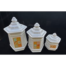 1970 Avon Set of 3 Patchwork Ceramic Canisters Quilt Folk Art 1970's Mint! -AV3