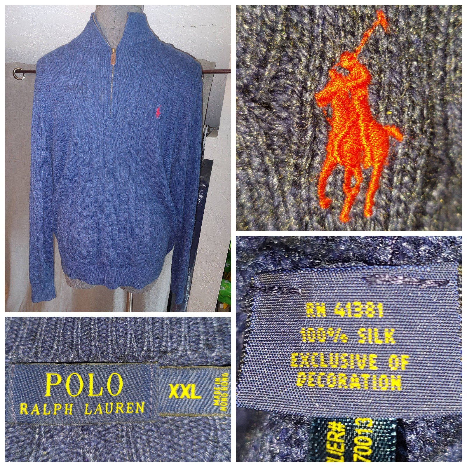 Ralph Lauren Mens Sz. 2XL 100% Silk Quarter Zip Cable Knit Dark Blue Sweater