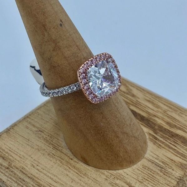 Two Tone Rose Gold Cushion Cut Sterling Silver Ring Size 7