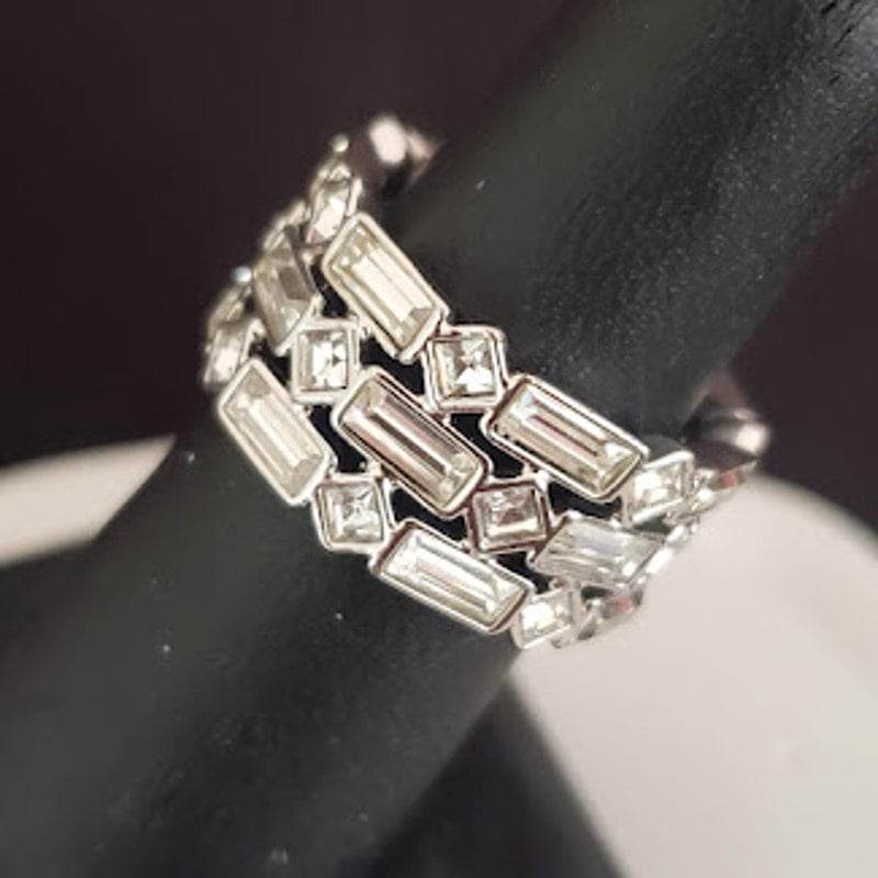 Swarovski Triple Row Wide Ring Rhodium Plated Size 52 US 6 Signed NIB