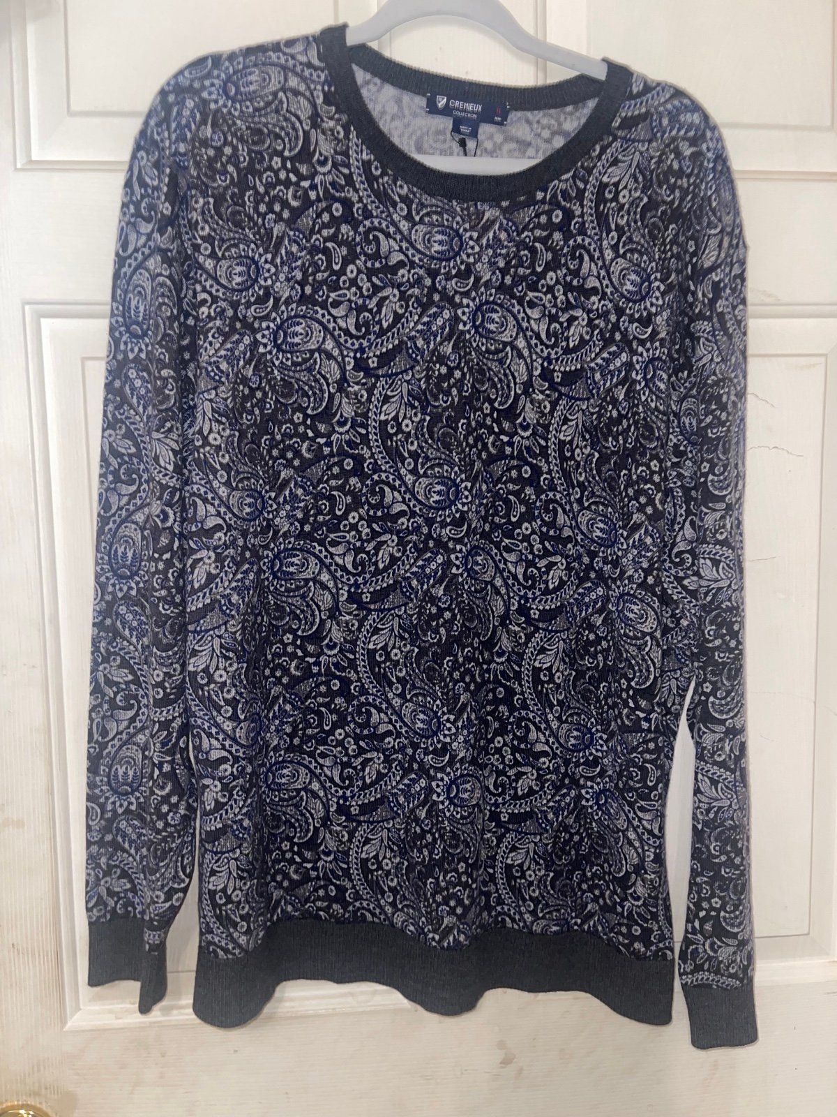 Cremieux Long-Sleeve Crew Neck Sweater XL Gray Blue Paisley Merino Wool NWT 150