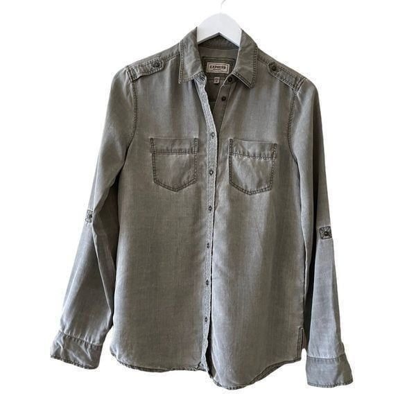 EUC Express Boyfriend Military Olive Button Down Womens Long Sleeves Shirt