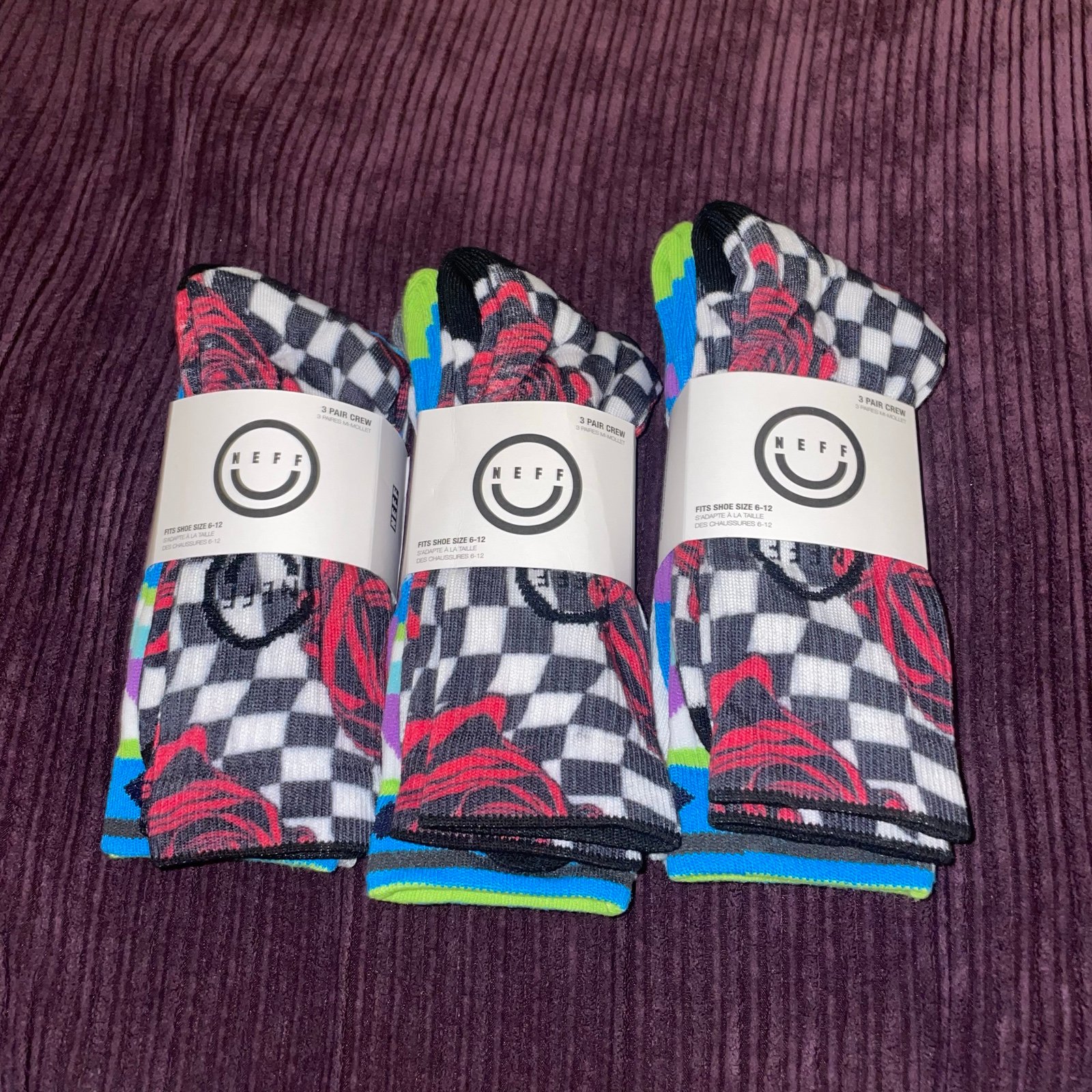 Neff Crew Socks 3 Pair Men 6-12 Multicolor