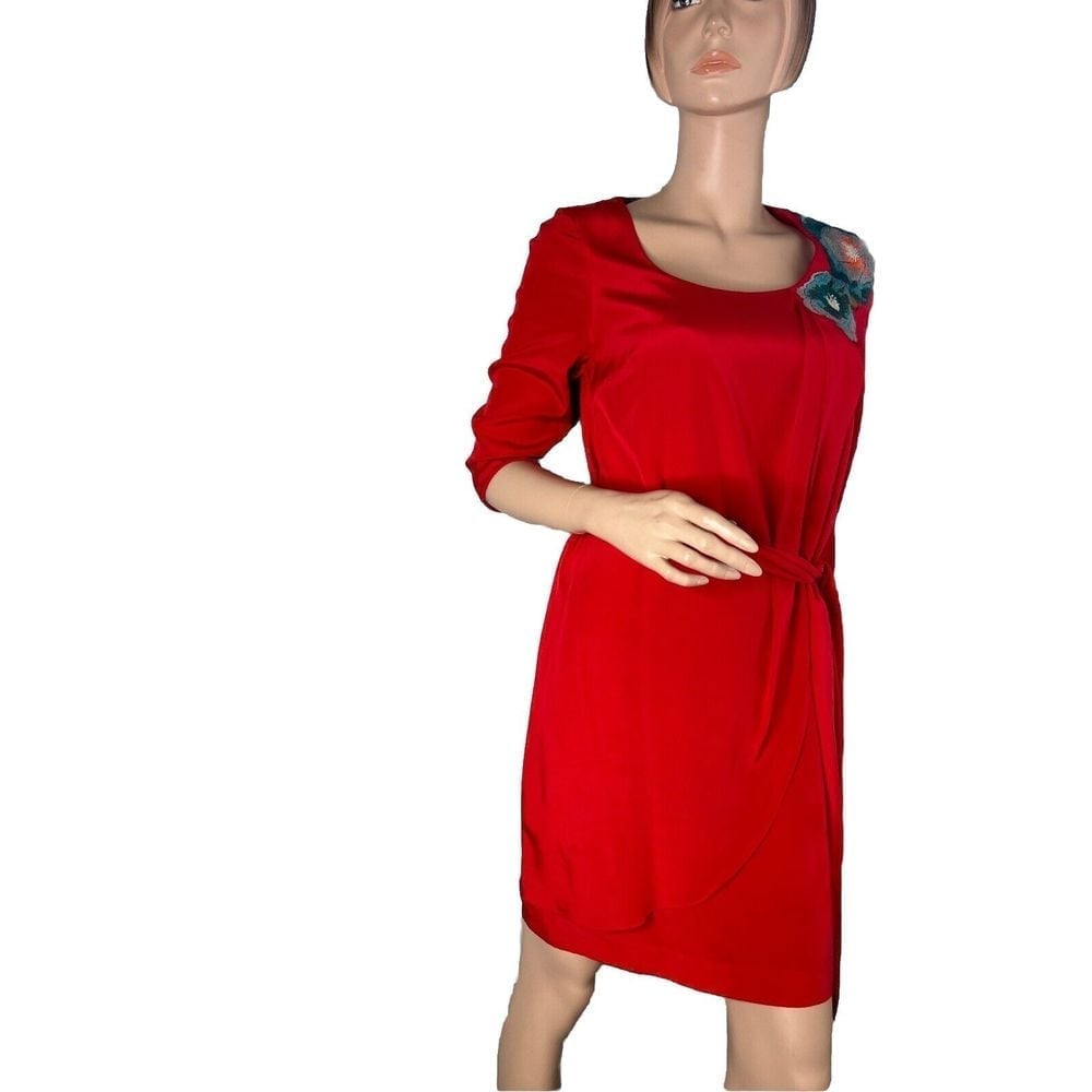 Tibi Womens Gathered Side Crew Neck Sheath Dress Red Silk Size 4