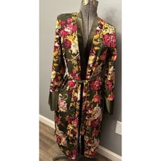NWOT New York & Co Floral Duster Robe velveteen trim XS Green