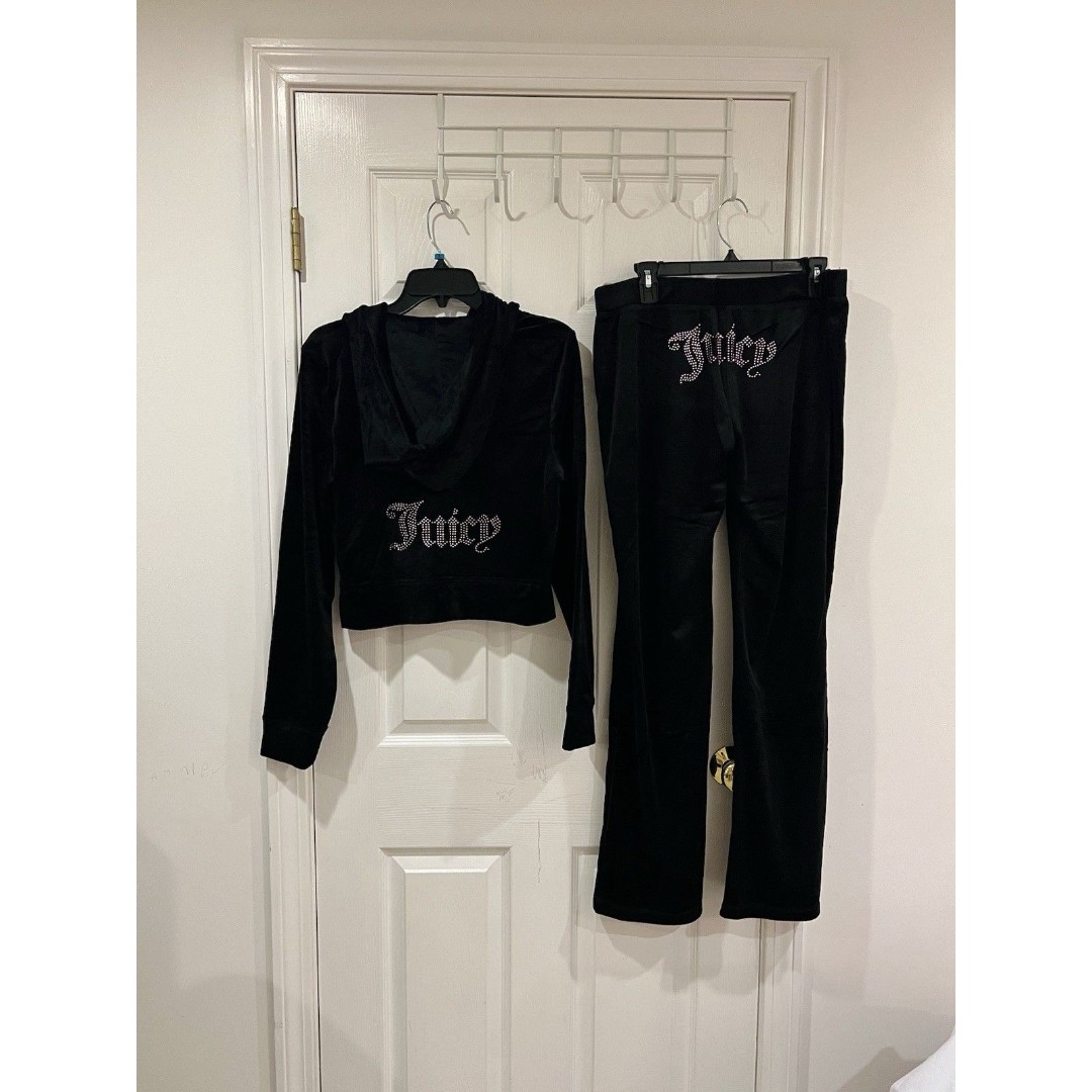 NWT Size M Juicy Couture Velour Bling Tracksuit Black With Pink Rhinestone Y2K