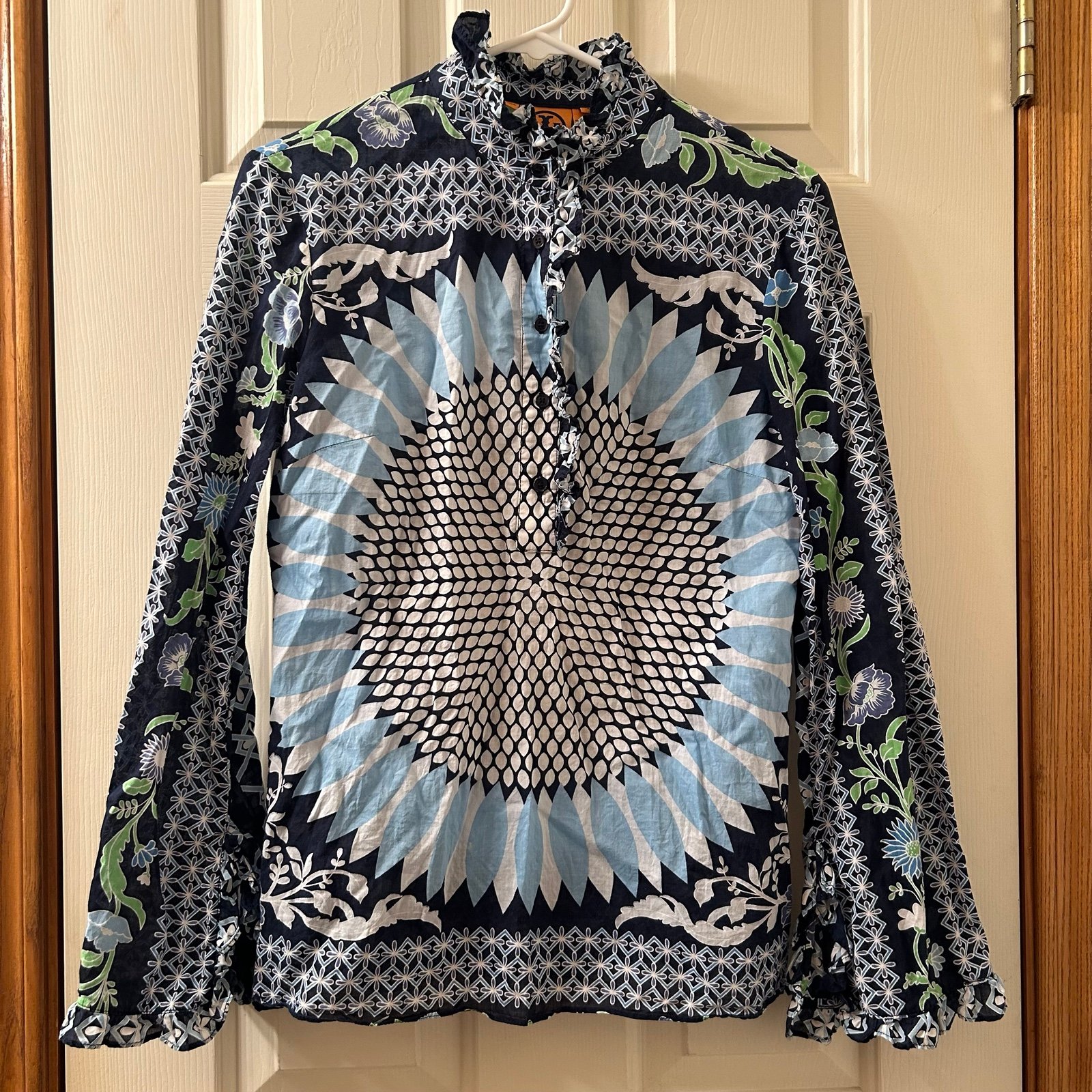 Tory Burch Ruffle Sunflower Blouse Size 6 Blue Multicolor White