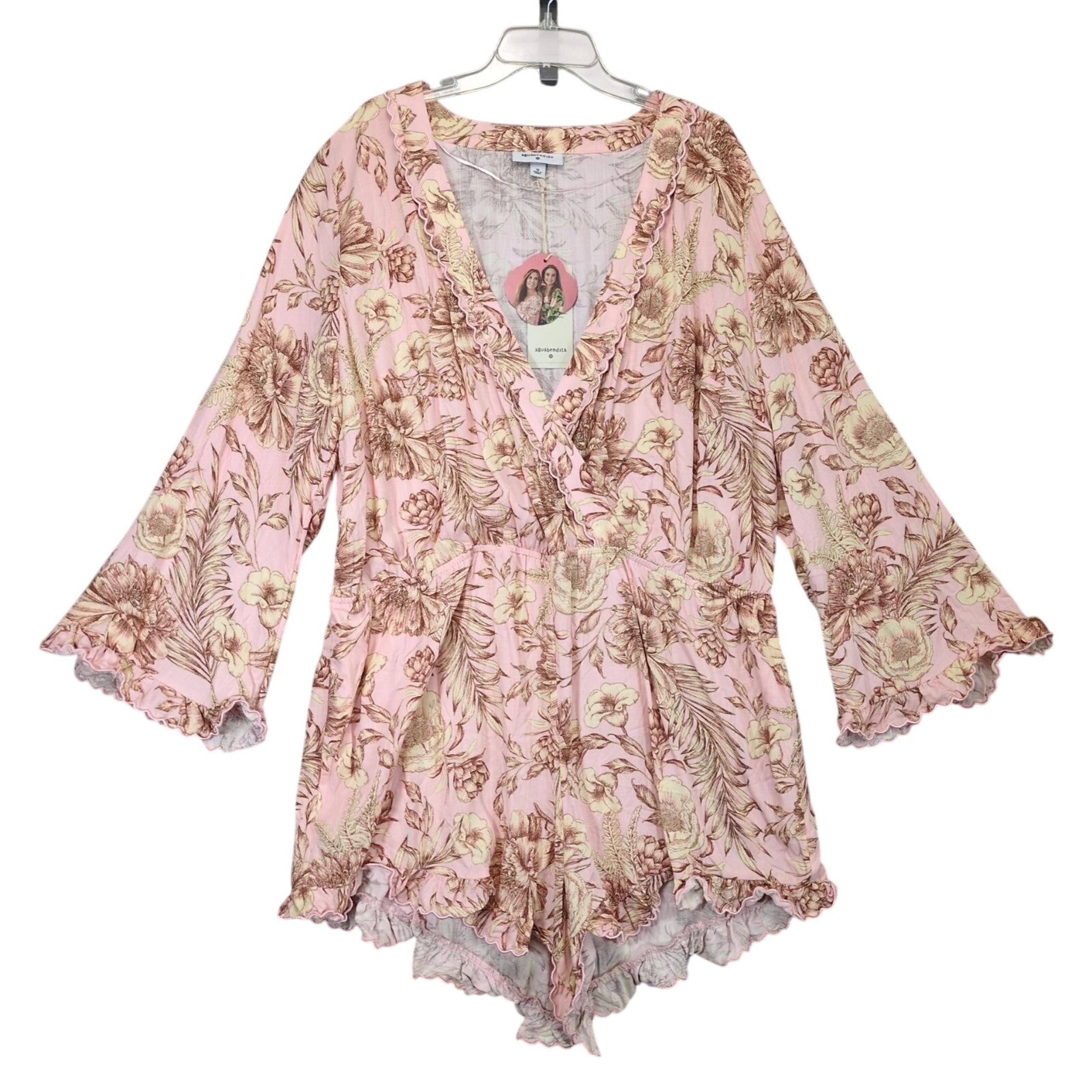 NWT Aguabendita Women's 1X Pink Floral Romper, Flare Sleeve Plunge-V Fringe Boho