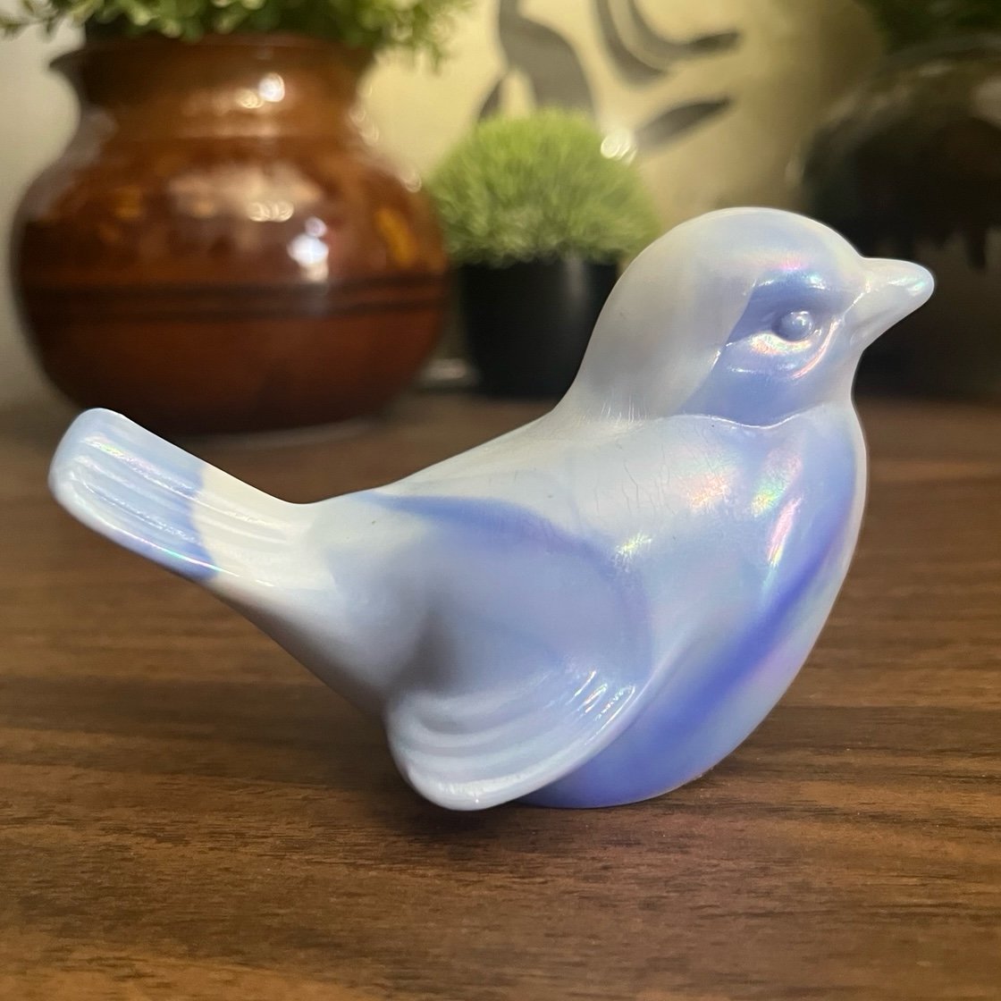 Vtg Fenton Blue White Marbled Slag Glass Iridescent Bird Figurine Paperweight