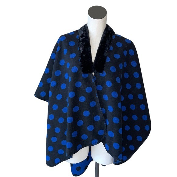 NWOT LOFT Sweater Poncho Cardigan Polka Dot With Faux Fur Trim Marino Wool Blend